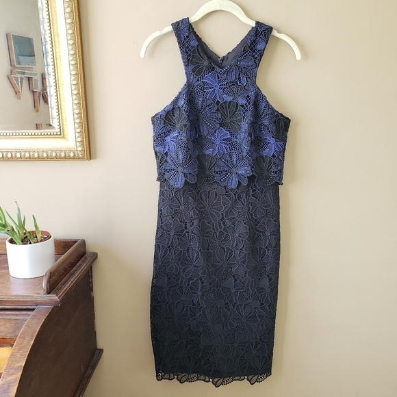 Trina Turk Miranda Blue Black Guipure Lace Sheath Cocktail Dress Size 2 New - Picture 4 of 14